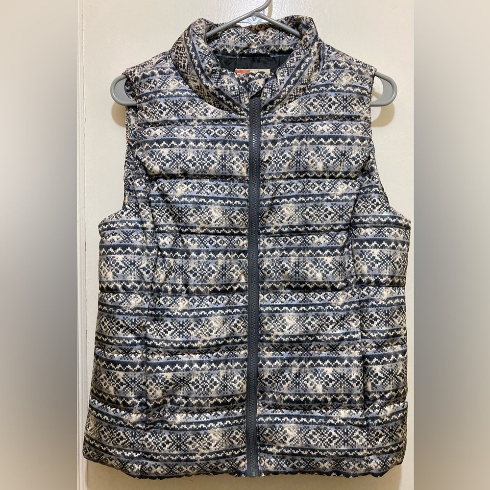 Ruff Hewn Puffer Vest Women Petite Large Gray Fair Isle Print Full Zip Hiking